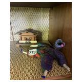 VTG WOOD CHALET MUSIC BOX, W/ PORCELAIN DOLL