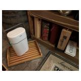 PLASTIC COOLER, WOODEN SERVING TRAY, ASSORTED