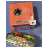 FRONTIER SAFE METAL COIN BANK, RED, NIP, AND