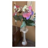 FROSTED GLASS VASE W/ RUFFLED RIM, ARTIFICIAL