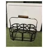 METAL BOTTLE CARRIER W/ WOOD HANDLE.
