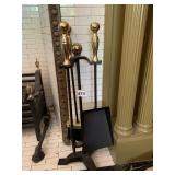 FIREPLACE TOOL SET, WROUGHT IRON STAND, BRASS