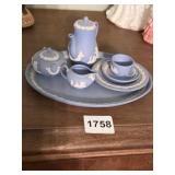 WEDGWOOD JASPERWARE MINIATURE TEA SET, BLUE W/