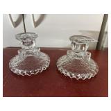 CLEAR PRESSED GLASS CANDLESTICKS W/ HANDLES (2).