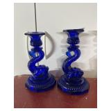 VTG COBALT BLUE GLASS DOLPHIN CANDLESTICKS (2).
