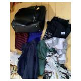 ASSORTED CLOTHING LOT, INCLUDES BLACK HANDBAG,