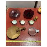 VTG WOODEN LEOPARD BOWL, GLASS CANDLE HOLDER,