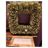 FLORAL WREATH, BURL WOOD PICTURE FRAME, MADE IN