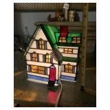 STAINED GLASS HOUSE LAMP, CORDED, MULTICOLORED