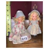 VTG COMPOSITION DOLLS (2), FLORAL AND LACE