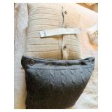 KNIT THROW PILLOWS, RIBBED BEIGE W/ BUTTONS, GREY
