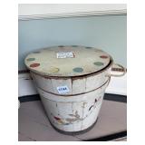 VTG WOODEN TOY BUCKET W/ LID, HAND-PAINTED ANIMAL