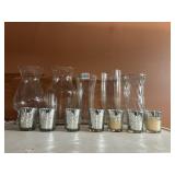 CLEAR GLASS VASES (5), MERCURY GLASS VOTIVE