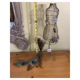 VTG PEACOCK FIGURINE W/ REAL FEATHERS, WIRE DRESS