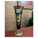 VTG GREEN GLASS VASE, GOLD GILT RIM, HAND-PAINTED