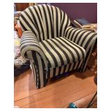 VTG STRIPED UPHOLSTERED ARMCHAIR, SCALLOPED BACK,