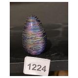 IRIDESCENT ART GLASS EGG PAPERWEIGHT, SIGNED