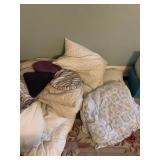 ASSORTED BEDDING, PILLOWS, QUILTED BLANKET,