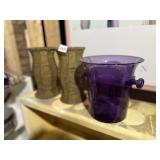 PURPLE GLASS ICE BUCKET, BEADED VASES (2).