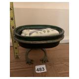 BRASS FROG FIGURAL SOAP DISH, GREEN GLASS INSERT,