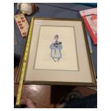 VTG FRAMED PRINT, GIRL HOLDING CAT, SIGNED,