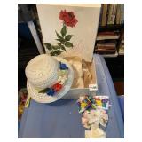 VTG STRAW HAT W/ FLORAL ACCENTS, RIBBON HAIR BOWS