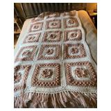 CROCHETED THROW, FLORAL MOTIF SQUARES, FRINGE