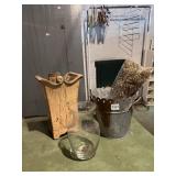 VTG CERAMIC VASE, GLASS VASE, GALVANIZED METAL