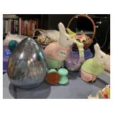 CERAMIC RABBIT FIGURES (2), CERAMIC EGG BASKET,