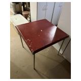 VTG FOLDING CARD TABLE, RED VINYL TOP, METAL