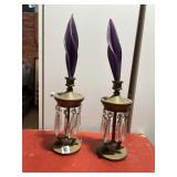 BRASS CANDLESTICKS W/ CRYSTAL PRISMS AND PURPLE