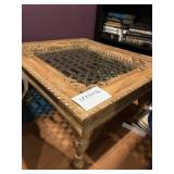 VTG WOOD COFFEE TABLE W/ GLASS TOP, CARVED FRAME,