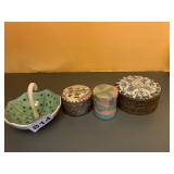 DECORATIVE BOXES (3) AND UMBRELLA DISH, PORCELAIN