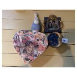 PORCELAIN FIGURINE, HEART-SHAPED COLLAGE BOX, AND
