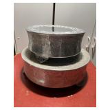 VTG EMBOSSED ALUMINUM CAKE STANDS, ROUND, FLORAL
