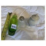 GREEN GLASS VASE W/ PINK FLOWER ACCENT, CLEAR