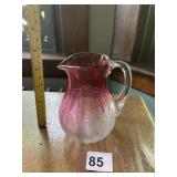 VTG CRANBERRY TO CLEAR GLASS PITCHER W/ ETCHED