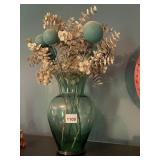 VTG GREEN GLASS VASE W/ ARTIFICIAL EUCALYPTUS