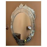 ETCHED GLASS OVAL WALL MIRROR, FLORAL MOTIF,