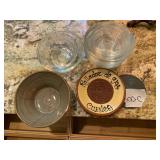 VTG POTTERY BOWL, GLASS BOWLS (2), CERAMIC GARLIC