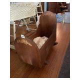 VTG WOODEN DOLL CRADLE, FLORAL CARVED DETAIL ON