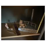 DIORAMA W/ WOODEN BULLDOZER, FENCING, KOKOPELLI