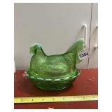 VTG GREEN DEPRESSION GLASS HEN ON NEST, BASKET