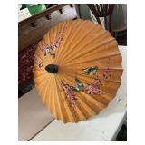 VTG ASIAN PARASOL, ORANGE PAPER W/ HAND-PAINTED