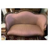VTG WOOD FRAME SETTEE, RED AND WHITE STRIPE