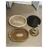 WICKER BASKETS (2), SMOKED GLASS TRAY, GLASS