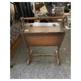 VTG WOOD SEWING STAND, HINGED LID, FLORAL STENCIL
