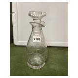 CLEAR GLASS DECANTER W/ STOPPER, ETCHED GRAPE AND