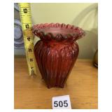 FENTON GLASS VASE, RUBY RED, RUFFLED RIM, RIBBED