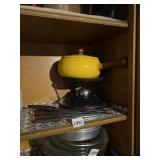 YELLOW ENAMEL FONDUE POT W/ WOOD HANDLE, STAND,
